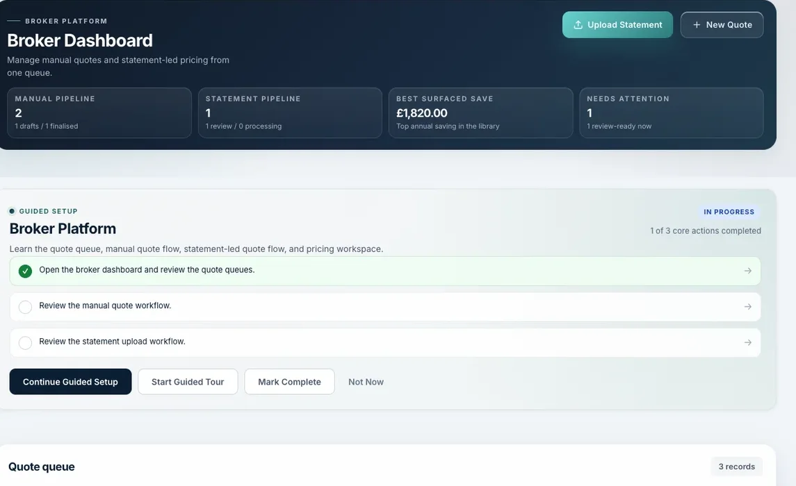 Valtura broker dashboard showing quote pipelines, surfaced savings, and review states.